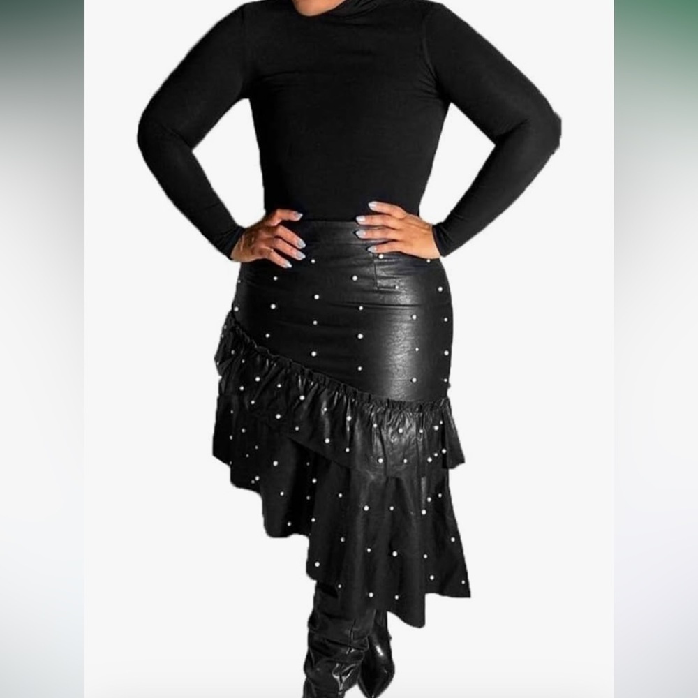 Asymmetrical Ruffled Hem Knee Black Faux Leather Pearl Black Skirt- Size Medium